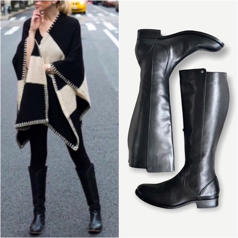 $398 Frye Melissa Stud Black Back Zip Tall Real Leather Black Knee High Boot - Picture 5 of 16